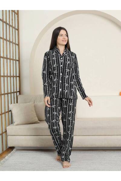 ALİMER طقم بيجامة نسائية بأزرار أمامية - أكمام طويلة مخططة باللون الأسود قماش...