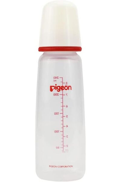 Pigeon Slim Neck Plastic Bottle, 240ml, White Cap, Ultra Soft Silicone Nipple, Anti-Colic, Assorted 1PC