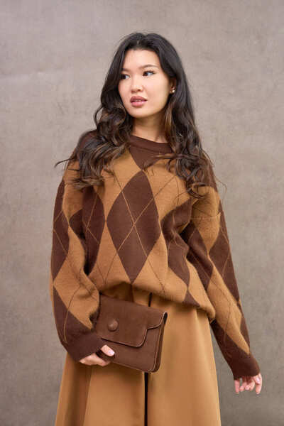 KÜÇÜĞÜM BUTİK Brown Baklava Patterned Oversized Sweater