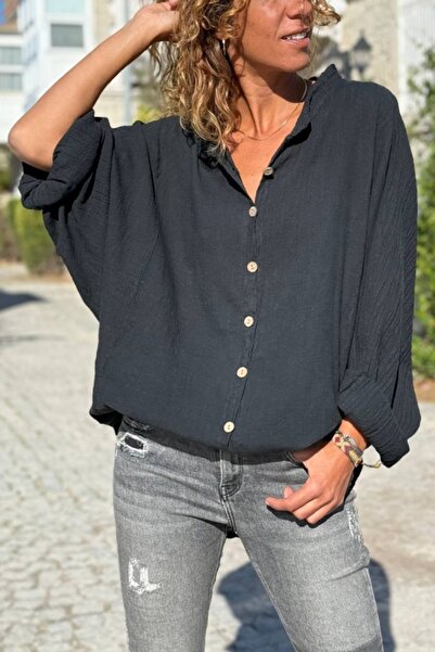 Güneşkızı Черна памучна ежедневна риза с крилати ръкави 75 60