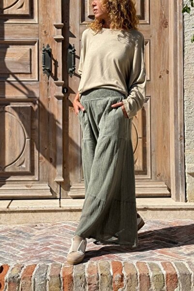 Güneşkızı Khaki Pocketed Washable Mesh Detailed Wide Leg Cotton Loose Trousers 90 30