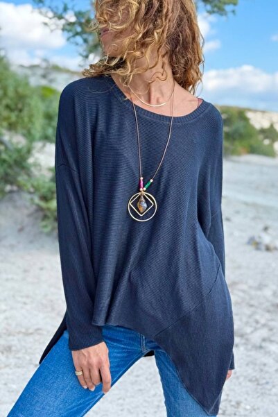 Güneşkızı Italian Navy Blue Boat Neck Textured Soft Textured Asymmetrical Wool Blend Loose Sweater 70 55