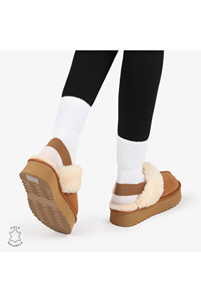 ANGEL BLUE WOMEN'S WINTER SLIPPERS made of GENUINE LEATHER WITH ELASTIC BACK CRL12691 COLOR Camel