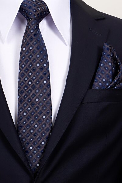 Esgue 8 cm Hand Made Brown - Navy Blue Motif Patterned Handkerchief Tie