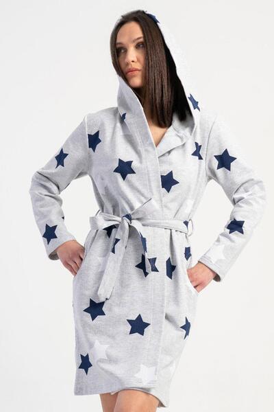 REN Women's cotton hooded long sleeve short 2-thread robe, star b Printed waist-tied, pocketed