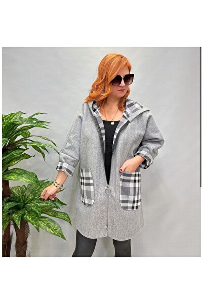 AGORATEKSTİL Women's Original Italian Zippered K Hooded Plaid Coat 40-50
