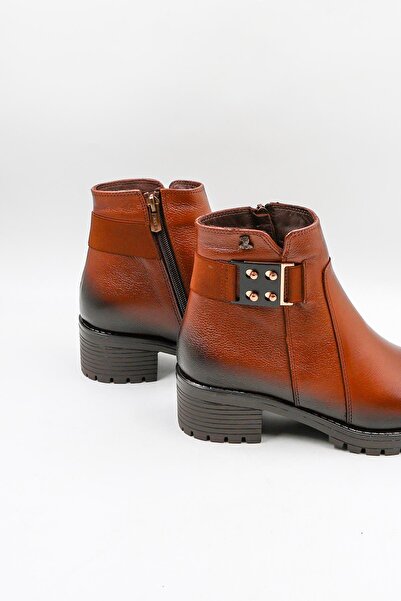 Venüs Women's Leather Buckle Short Zipper Boots 3309K - Tan - 36