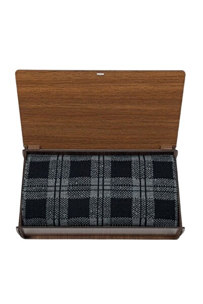 1001 Kravat Black and Gray Plaid Patterned Double-Sided Men's Scarf in Wooden Gift Box
