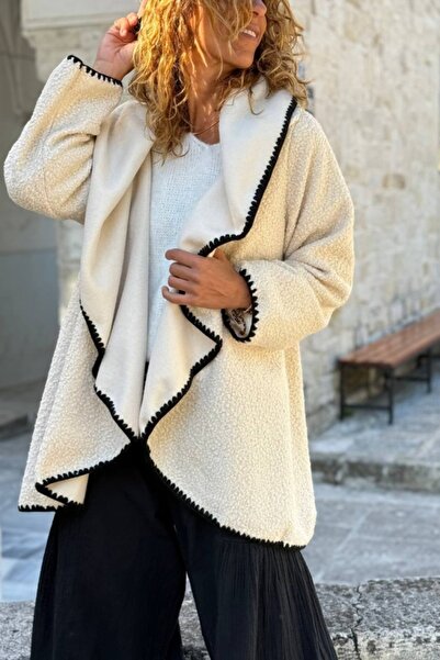 Güneşkızı Italian Ecru Shawl Collar Boucle Casual Jacket with Embroidered Sleeves and Hem 75 55