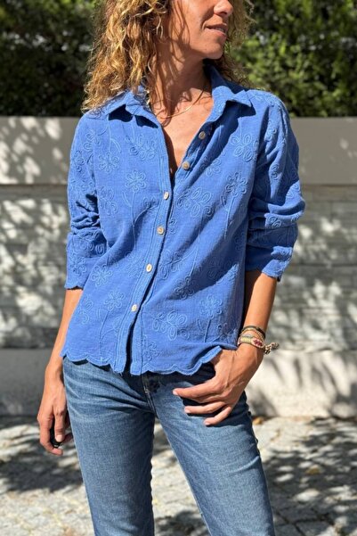 Güneşkızı Cămașă din bumbac cu broderie în formă de tiv, spălată cu indigo 60 50