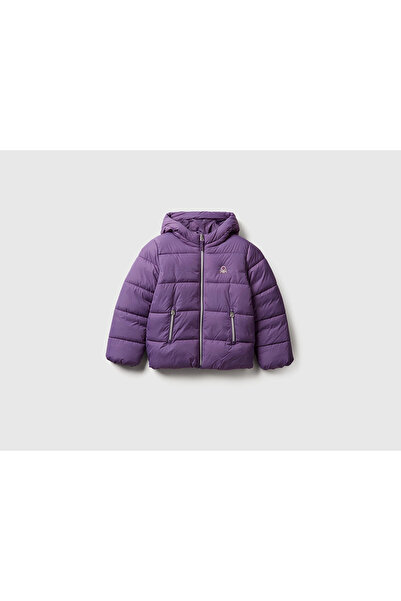 United Colors of Benetton Girl's Purple Left Chest Logo Embroidered Pocket K Hooded High Collar Coat