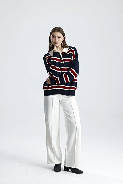 H&E LUXURY DESIGN Striped Buttoned Polo Neck Women's Knitwear Sweater