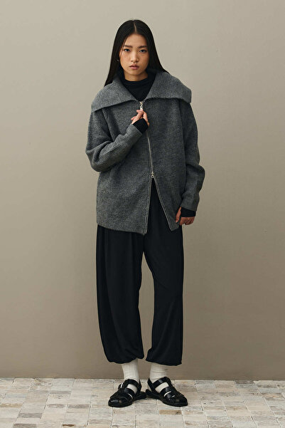 Fahhar Zipper Detailed Cardigan Anthracite