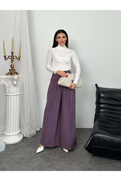 Hatun Atila Pleated High Waist Wide Leg Modal Fabric Palazzo Pants 8039 - Purple