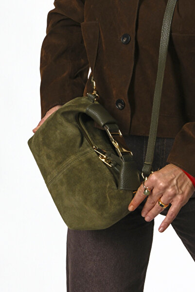 ABBRA Women's Real Suede Leather Clip Buckle Lined Small Bag with Shoulder Strap