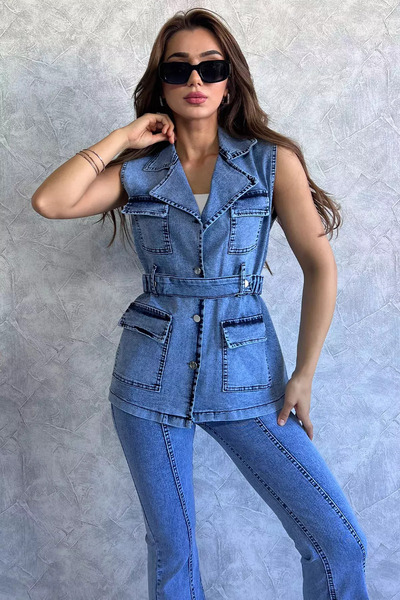 Zehra Gül Mavi Cepli Bel Kemerli Kadın Likralı Jean Kot Yelek