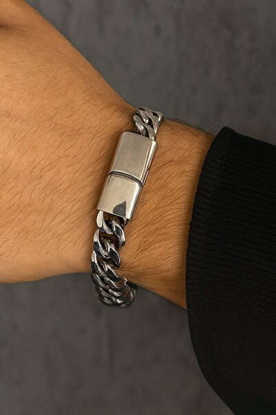 TAKIŞTIR Silver Color Chain Detailed Steel Men's Bracelet