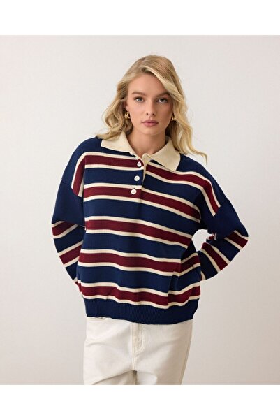 MODA Pulover tricotat cu gât polo în dungi