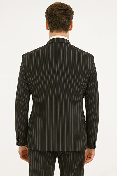 Plus Scorpion Çizgili Kruvaze Erkek Takım Elbise – Şık ve Rahat İtalyan Kesim, Belden Oturtmalı, Top Düğmeli