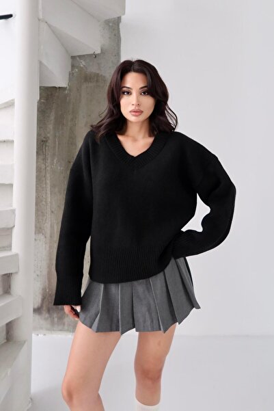 Serica Moda Pulover oversize tricot negru cu decolteu în V