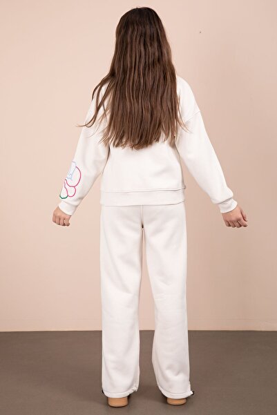 Cansın Mini Krem Çiçek Nakış Detaylı Geniş Paça Kız Çocuk Şardonlu Takım 23284