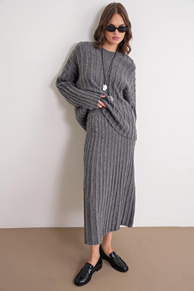 Mixray 6960 Women's Braided Soft Textured Knitwear Bottom and Top Set Anthracite