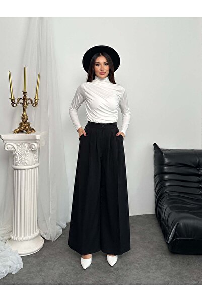 Hatun Atila Pleated High Waist Wide Leg Modal Fabric Palazzo Pants 8039 - Black