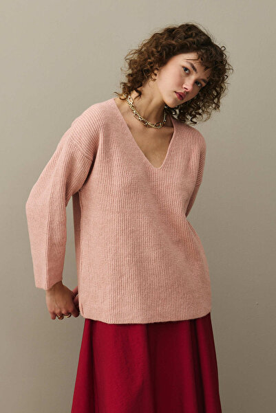 Fahhar V-Neck Basic Knitwear Sweater Pink