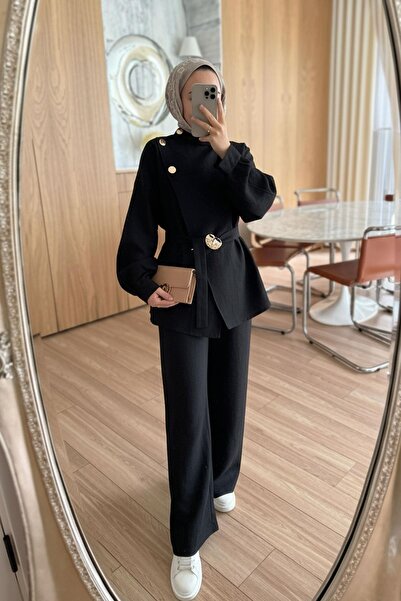 Ka Hijab Shoulder Buttoned Trench Suit - Black