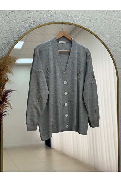 BENAHOLL Ferenya Hollow Buttoned Floral Embroidered Cardigan-Zi̇6248 Gray