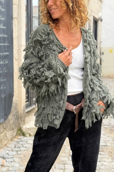 Güneşkızı İtalyan Haki Yıkamalı Püsküllü Yumuşak Dokulu Yün Salaş Hırka 65 50