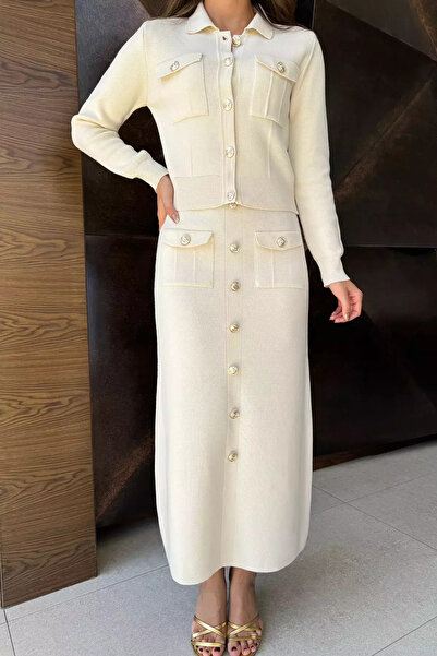 Zehra Gül Krem Düğme Detaylı Hırka Etek Tesettür Triko İkili Takım (s-m-l Beden Uyumludur)