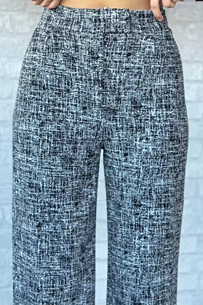 Zehra Gül Siyahgrili Kadın Kışlık Karyağdı Desenli Bel Cırtlı Palazzo Pantolon