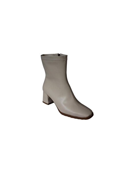 Yaz Kış Ayakkabı YAZKIŞ Kadın Siyah Krem Cilt 16cm Bilek Boyu Yandan Fermuarl...