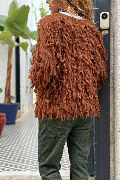 Güneşkızı Italian Brown Washed Tassel Soft Textured Wool Loose Cardigan 65 50