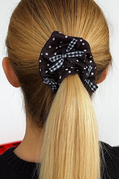 TAKIŞTIR Black Color White Color Bagel Buckle with Ribbon and Polka Dot Figures