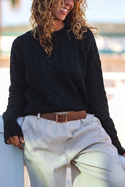 Güneşkızı Pulover negru guler rotund cu textura moale, tricotat, lavabil, 55 50