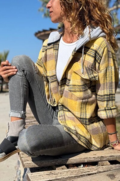 Güneşkızı Yellow Hooded Plaid Pocket Lumberjack Casual Shirt 60 50