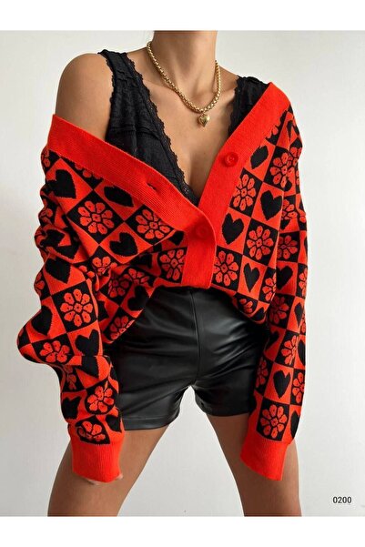 Secret Passion Lingerie New Season Floral and Heart Patterned Button Detailed Orange Color Women's Knitwear Cardigan 0200