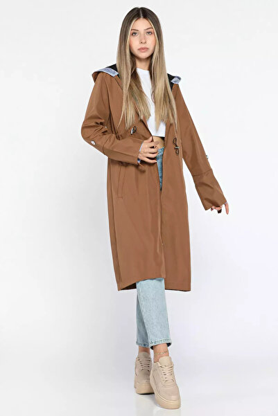 Zehra Gül Camel Kadın Kapüşonlu Bel Lastikli Uzun Trençkot