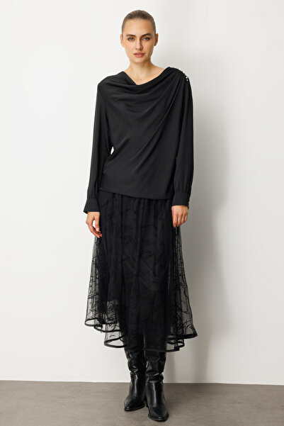 Ekol Plunging Neck Satin Blouse