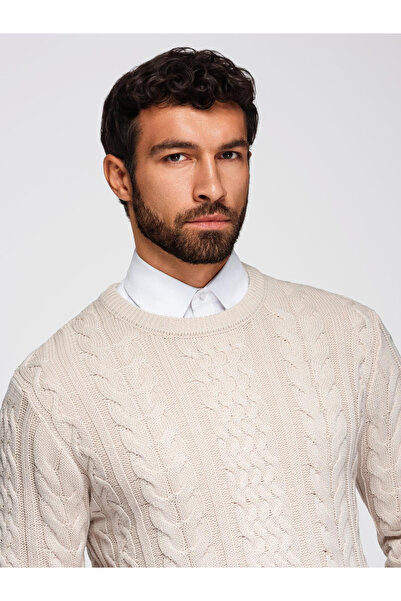 OMBRE Κομψό ανδρικό πουλόβερ με ενδιαφέρον πλεκτό - Υπόλευκο v1 OM-SWSW-0173
