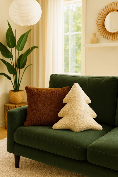 SAYMİNE Teddy Decorative Pillow and Wooden Inner-Filled Cushion (Coffee and Cream) -