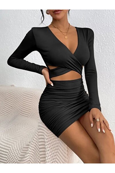 MODA Cool Long-Sleeved Cross-Cutout Detail Trendy Women's Dress
