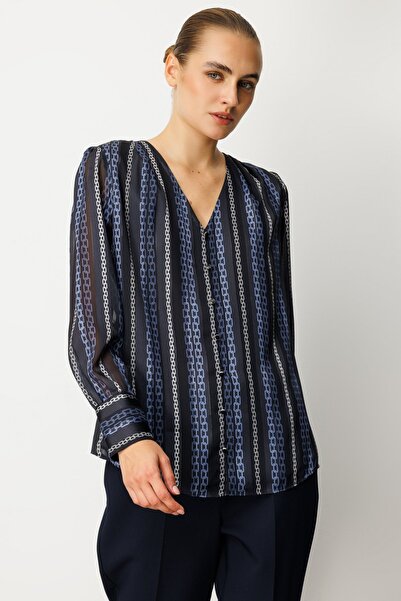 Ekol Decorated Buttoned Patterned Blouse