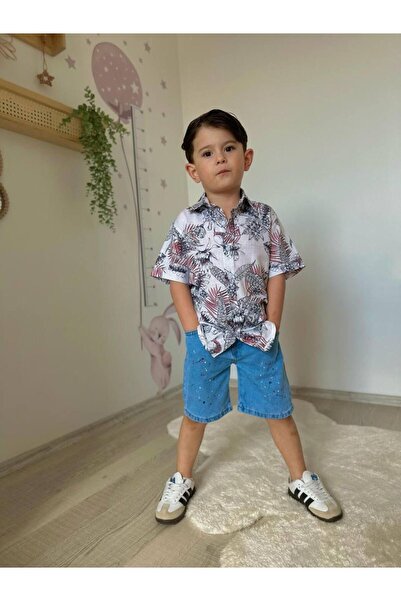 cgboutiquestylekids طقم قميص كتان منقوش بأوراق الشجر وشورت جينز للأولاد من سي...