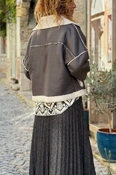 Güneşkızı Italian Anthracite Jacket Collar Zippered Pockets Fur Suede Loose Coat 60 50