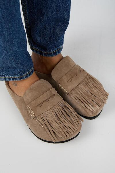 Manijero Madora Women's Genuine Leather Tasseled Sabo Mink Slippers