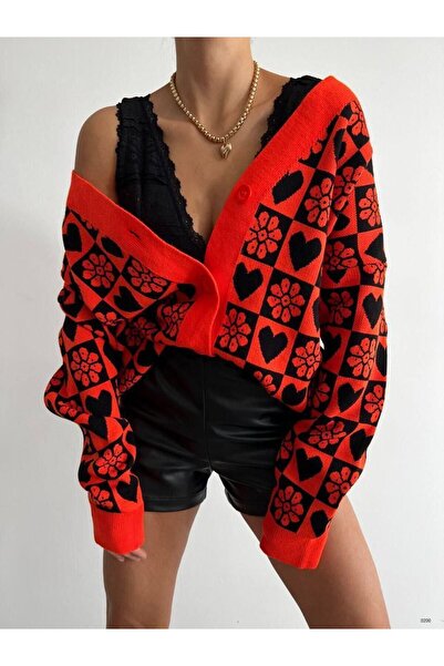 Secret Passion Lingerie New Season Floral and Heart Patterned Button Detailed Orange Color Women's Knitwear Cardigan 0200