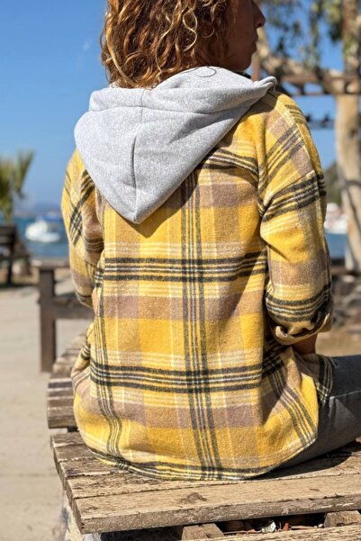 Güneşkızı Yellow Hooded Plaid Pocket Lumberjack Casual Shirt 60 50